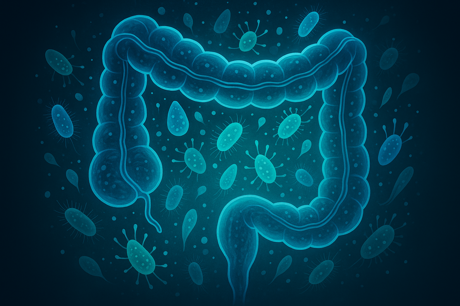 Microbiome concept artwork showing the large intestine surrounded by friendly microbes