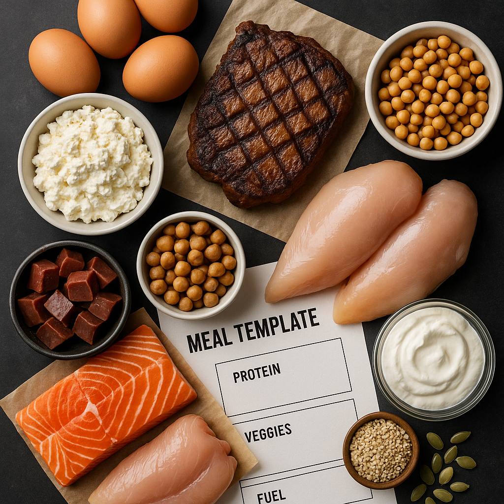 Protein Playbook hero collage with whole foods like steak, eggs, avocado, coconut and oils