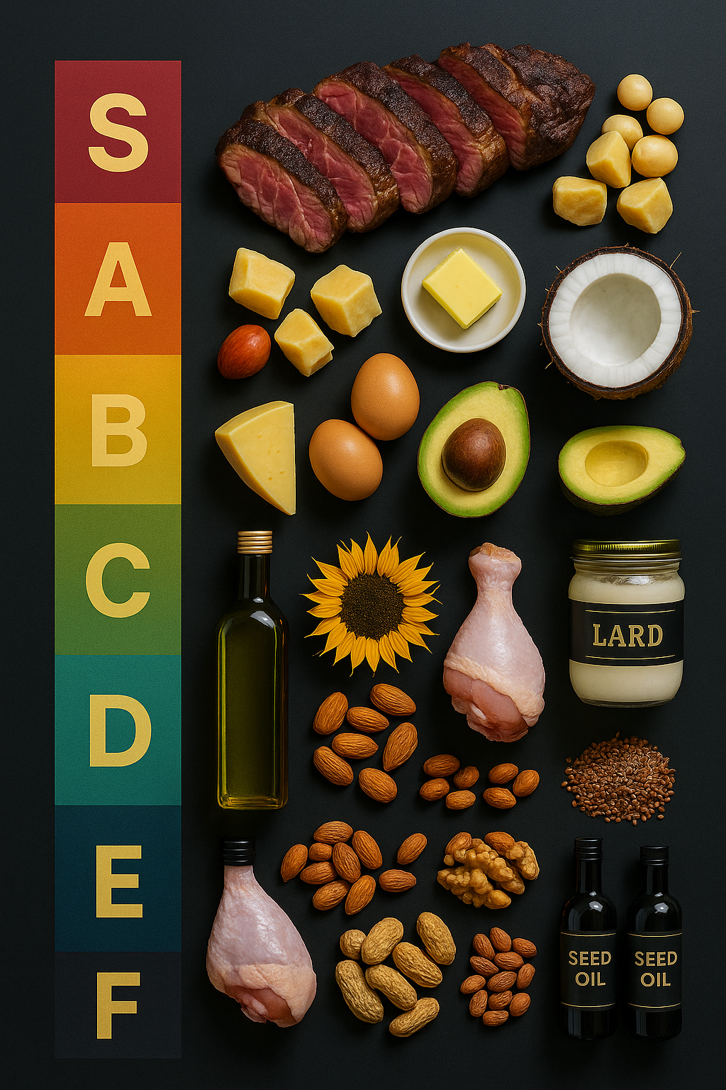 Fat Playbook hero: bowls of lard, butter, macadamias, tallow and oil on a dark background